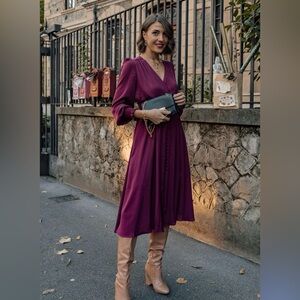 SATIN BUTTON DOWN MIDI DRESS IN WINE. BUMP FRIENDLY!!